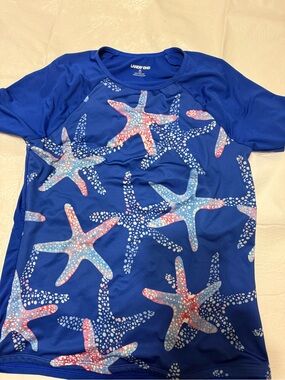 Lands' End Girls' Royal Blue Starfish Print Rash Guard